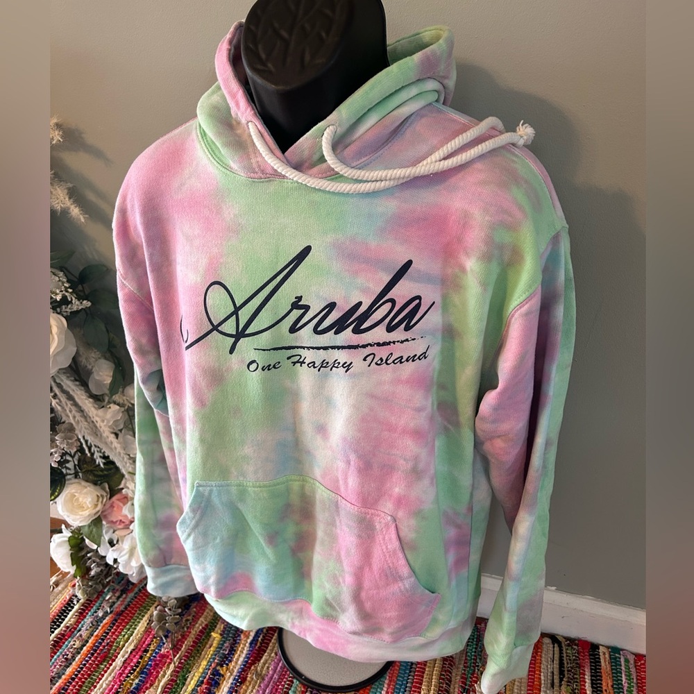 Aruba One Happy Island Tie Dye Hoodie Sweatshirt Medium - Picture 2 of 6